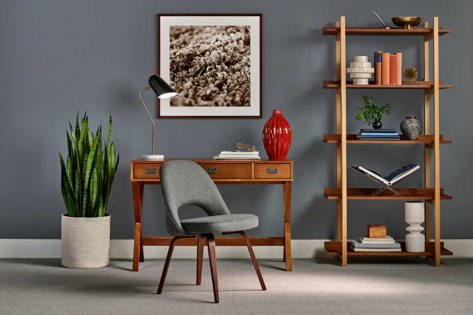 beige loop carpet in modern grey home office with wooden desk